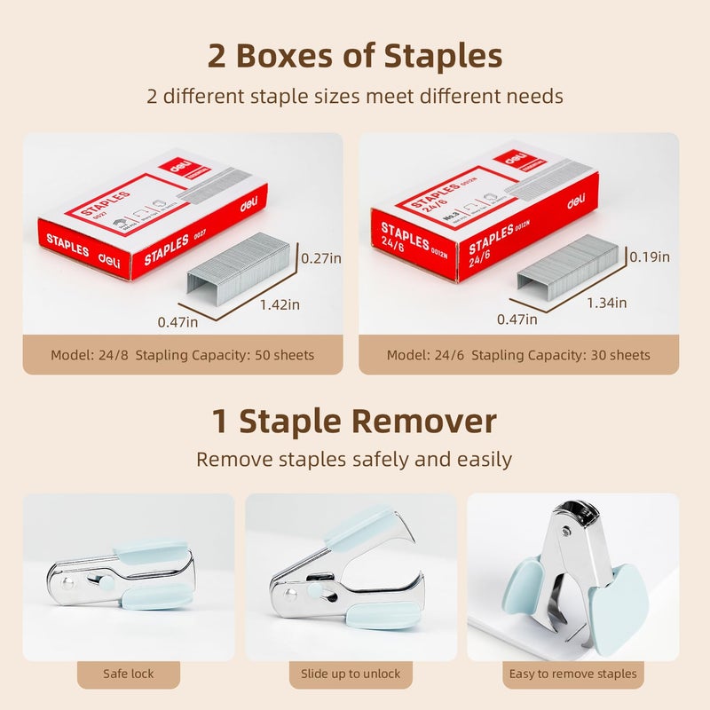 ديلي دباسة ديلي المكتبية سهلة الاستخدام، دباسة شديدة التحمل، سعة 40-50 ورقة، استخدام بإصبع واحد، بدون أي جهد، تتضمن 1500 دبوس ومزيل دبابيس، لون أزرق - Image 4